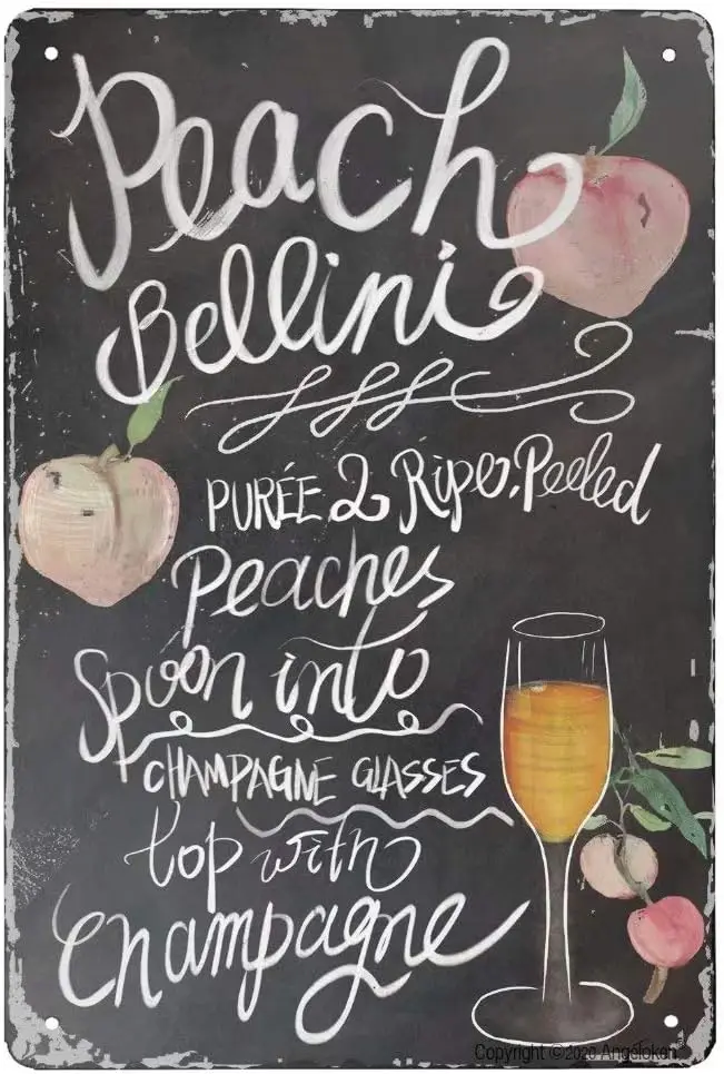 Retro Tin Sign Peach Bellini Cocktail Vintage Metal Sign for Wall Poster for Home Kitchen Bar Coffee Shop 12x8 Inch