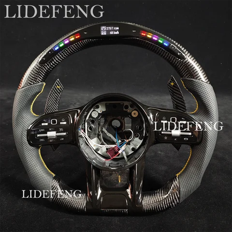 LED RPM Carbon Fiber Steering Wheel Fit For Benz Mercedes AMG C63 E63 A45 CLA GLA CLS GLS W205 W204 W213 W212 2012~2022