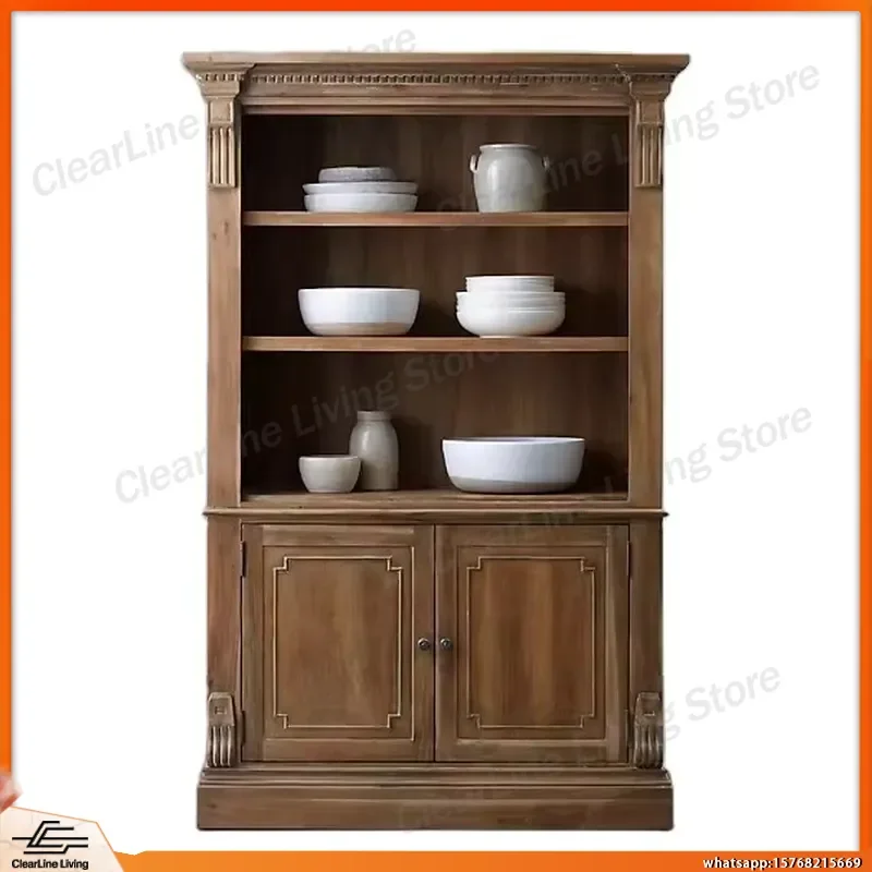 

French Country Retro Solid Wood Bookshelf Vintage Oak Home Bookcase Bedroom Storage Cabinet Living Room Shelf Office Study