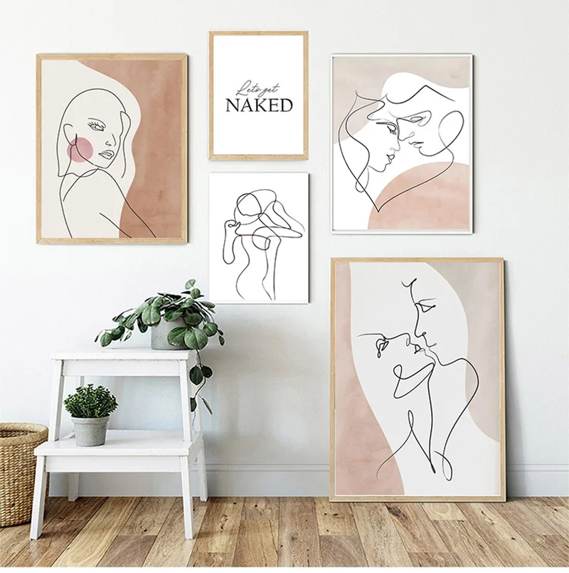 Love Heart Hands Line Girl Boy Abstract Nordic Posters And Prints Wall Art Canvas Painting Pictures For Living Room Decoration