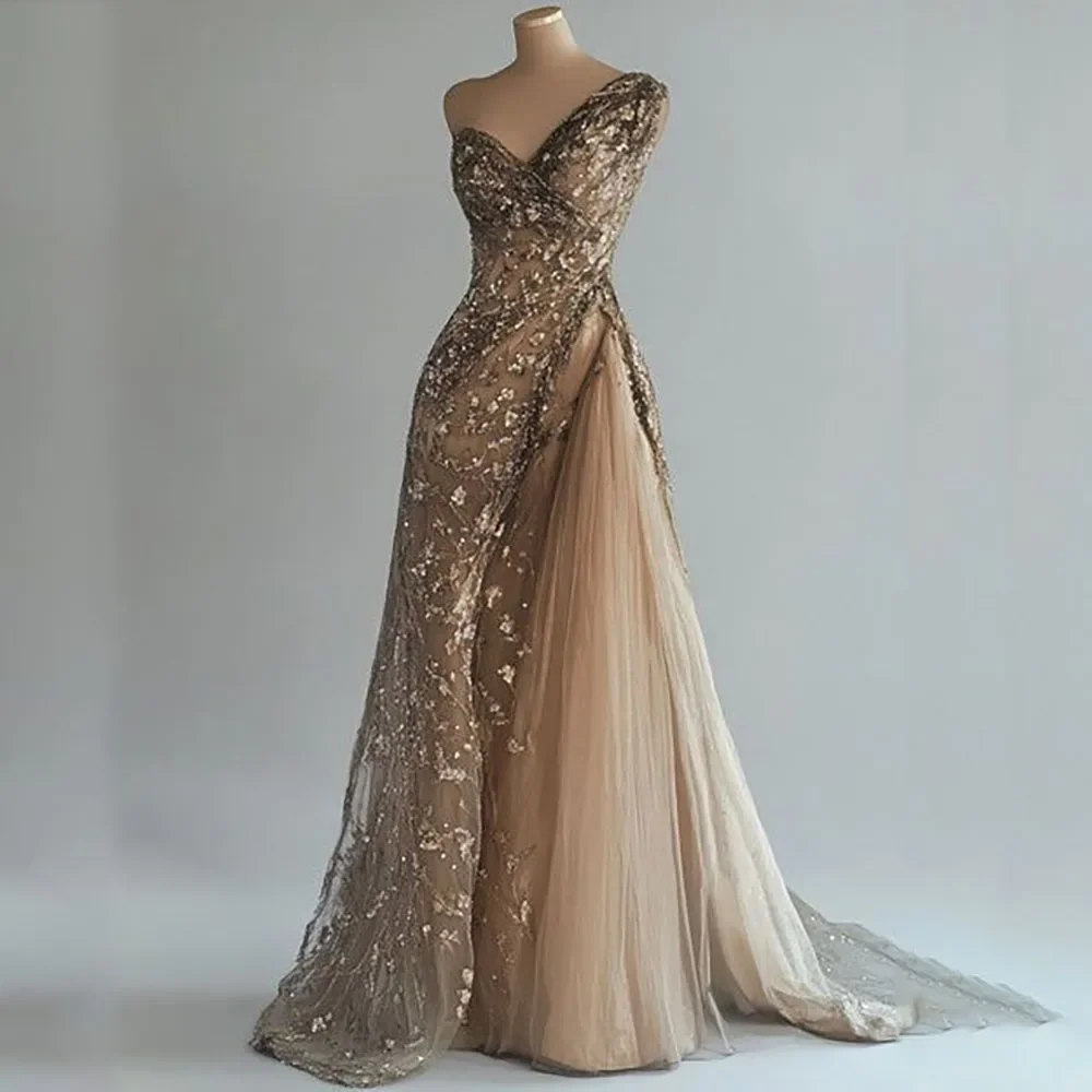 

Single Shoulder V-neck Prom Dresses Sleeveless Decal Tulle Evening Dress Formal Occasion Wedding Banquet Attire Custom