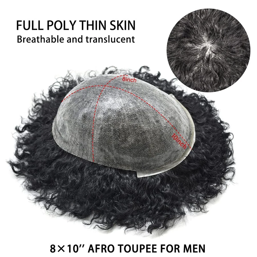 Tupé de pelo rizado de 8mm para hombres, sistema de cabello de Pu completo duradero para hombres negros, pelucas de prótesis de cabello masculino,