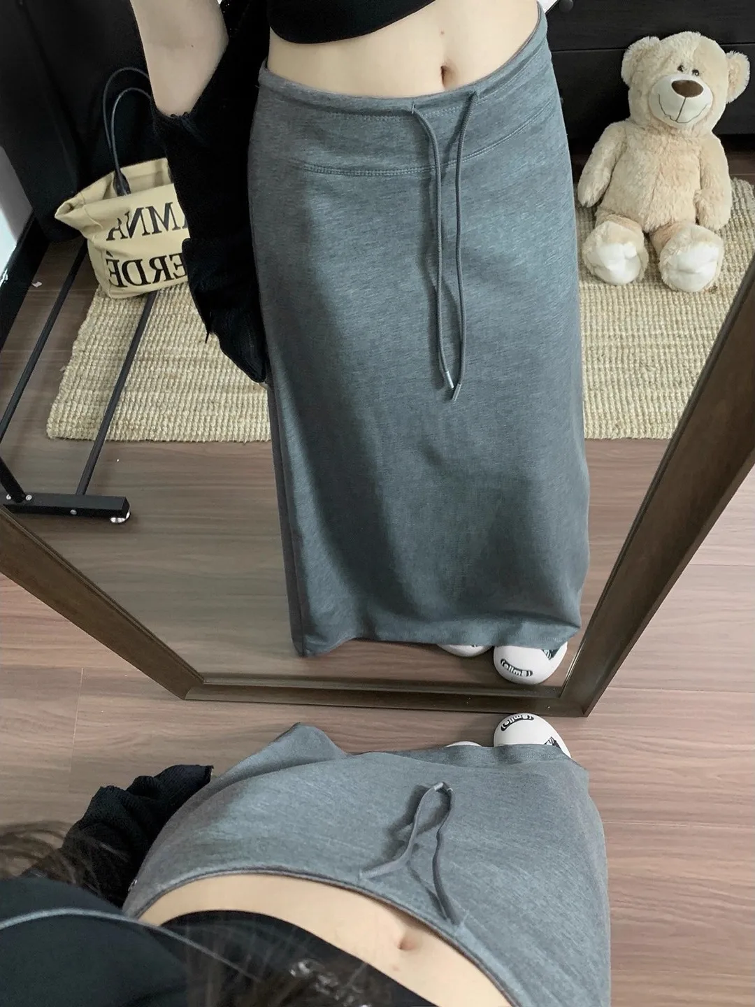Korean Style Drawstring Asymmetrical High Waist A-Line Skirt Grey Long Straight Cut Women's Autumn Versatile Drapey Skirt