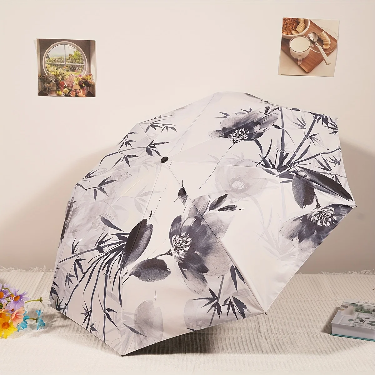 Automatic Umbrella Chinese style Ink Painting Bamboo Pattern Folding Umbrella Rain proof, Sun Protection, UV Protection Travel U