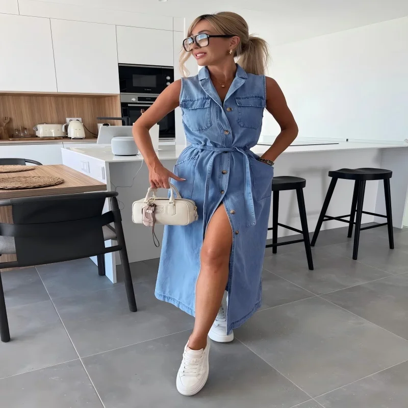 Picture 6: Long Dress Women Denim Dresses High Waist Sleeveless Vestidos Streetwear Single Breasted Elegant Splice Y2k