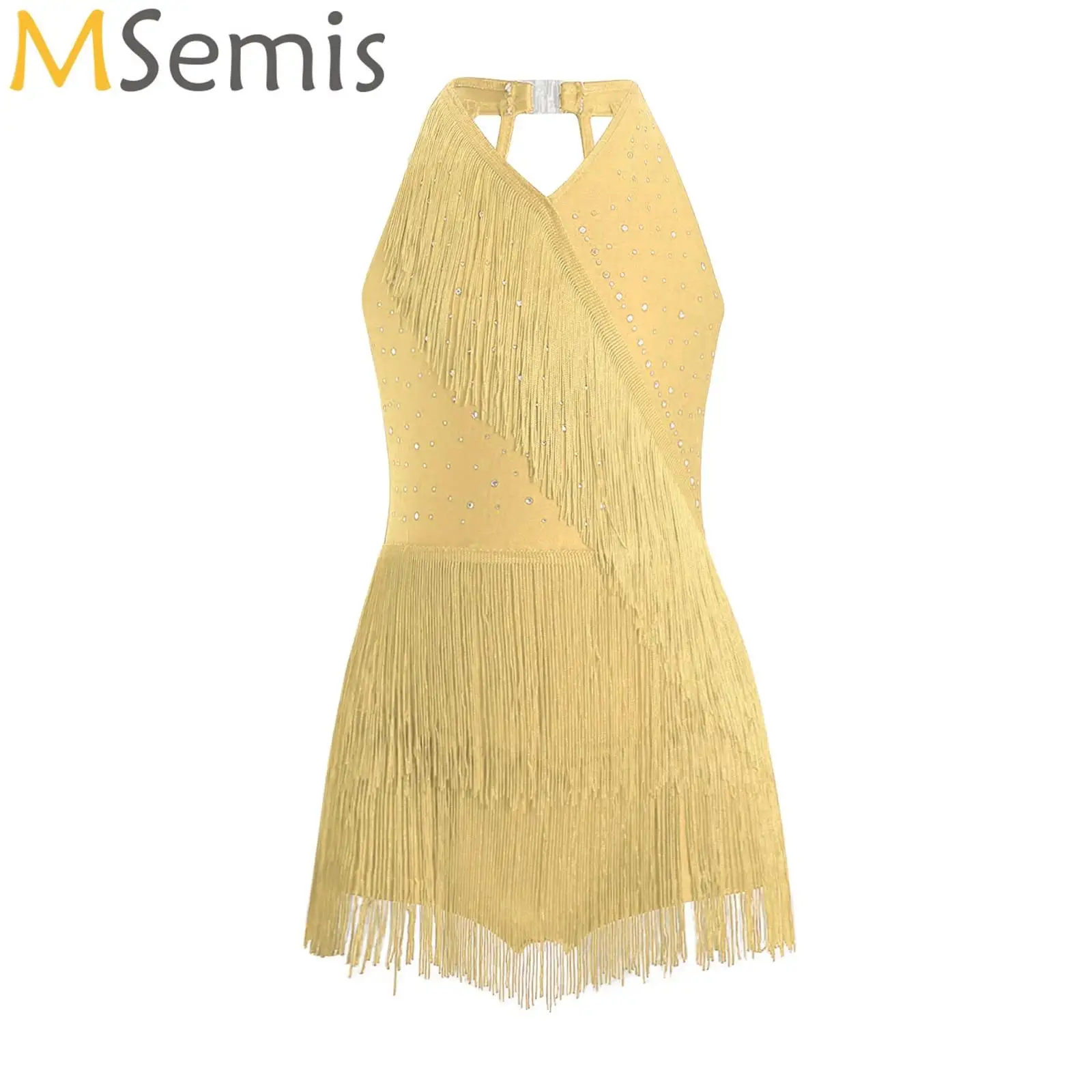 Kids Girls Latin Dance Costume Glittery Rhinestones Fringe Leotard Halter V-neck Sleeveless Strappy Back Tassel Jumpsuit