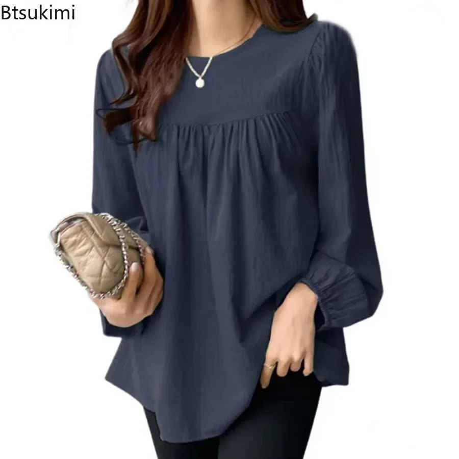 2024 Fashion Elegant Solid Blouse for Women Long Sleeve O-neck Casual Office Lady Tops Simple Loose Plus Size Shirt Blusas Mujer