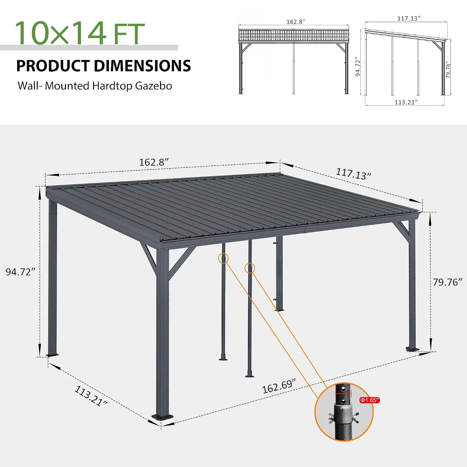 Domi 10' x 14' Lean to Hardtop Gazebo Wall Mounted Patio Gazebo Pergola, Customized view 2