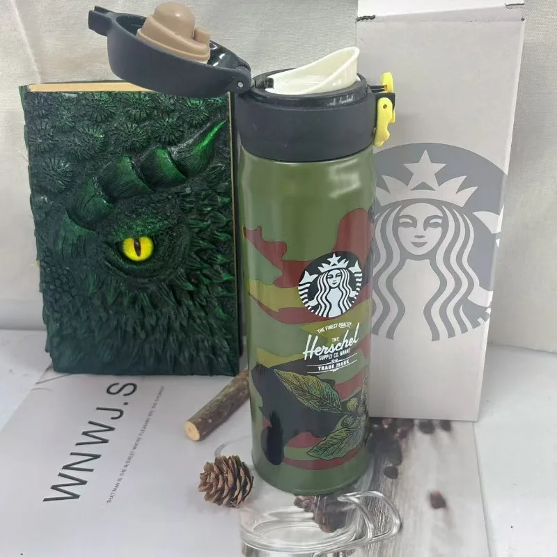 

500ml Starbucks × Herschel Durable Camo Print Thermos, Outdoor Stainless Steel Water Bottle with Easy-Open Lid
