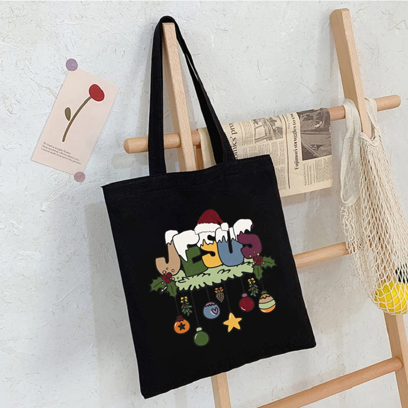 Christmas Santa Claus's Print Womens Handbags Black White Schoolbags Canvas Beach Tote Bags Christmas Purses and Handbags