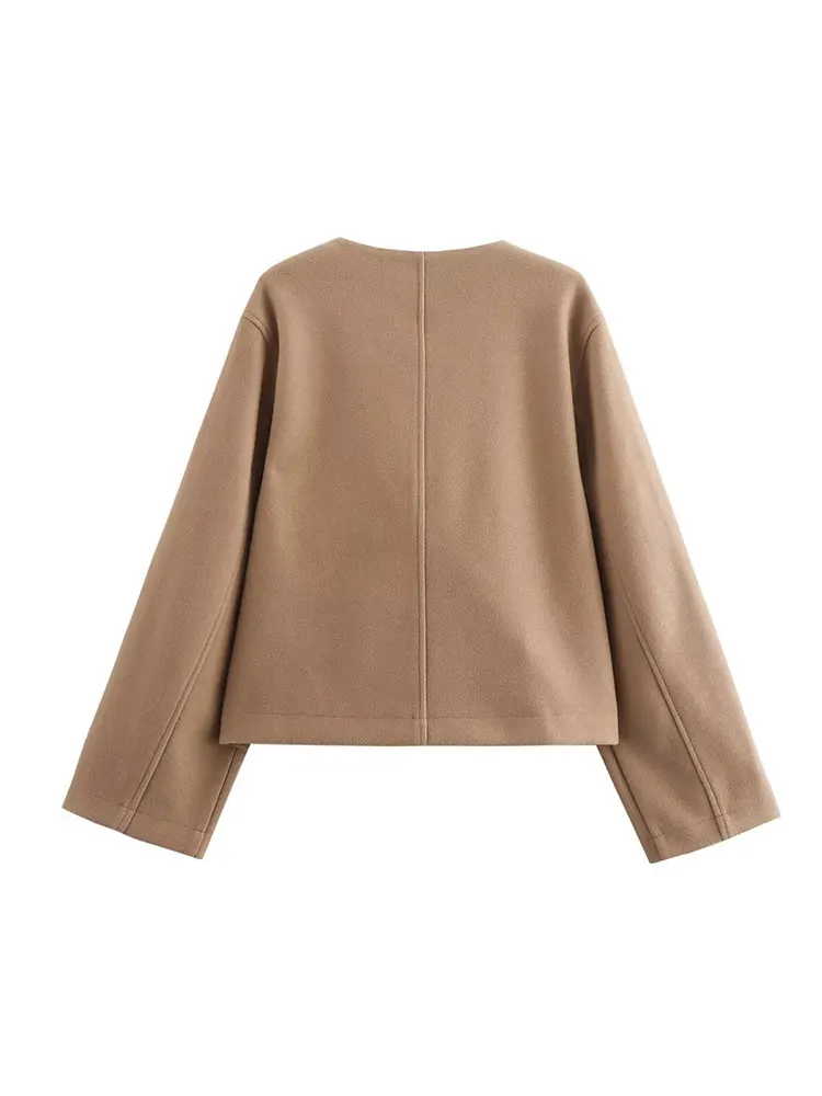 TRAF Autumn Women Elegant Lapel Cropped Jacket Long Sleeve Solid Short Cardigan Jackets Street Office Lady Casual Coats