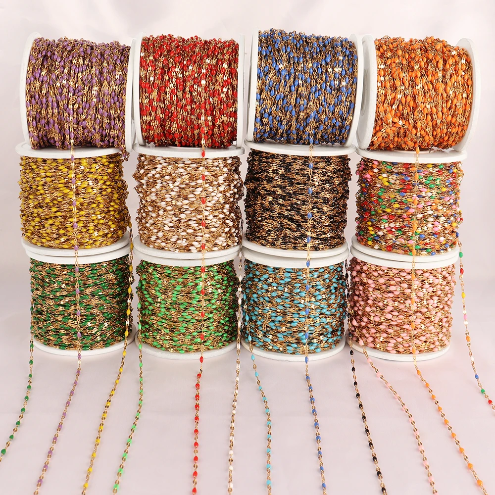 1Meters Stainless Steel Satellite Chain Boho Colorful Lip Beads Chain Enamel Satellite Cable Beaded DIY Making Bracelet Necklace