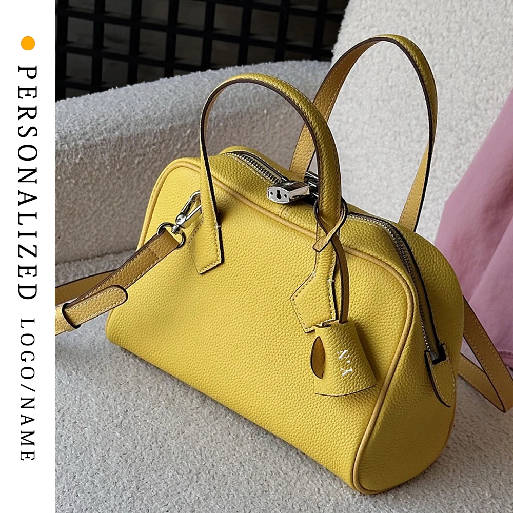 

Custom first letter gold stamping head leather women's bag 2025 new small Boston bag tote bag commuting handheld cross bag multi