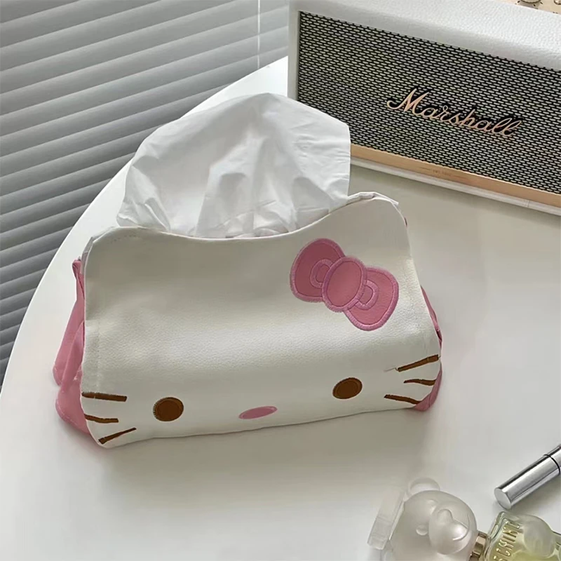 Sanrio Hello Kiity Paper Napkin Case Cartoon Kt Cat Tissue Box Cute PU Leather Animals Home Car Paper Storage Boxes Girls Gifts