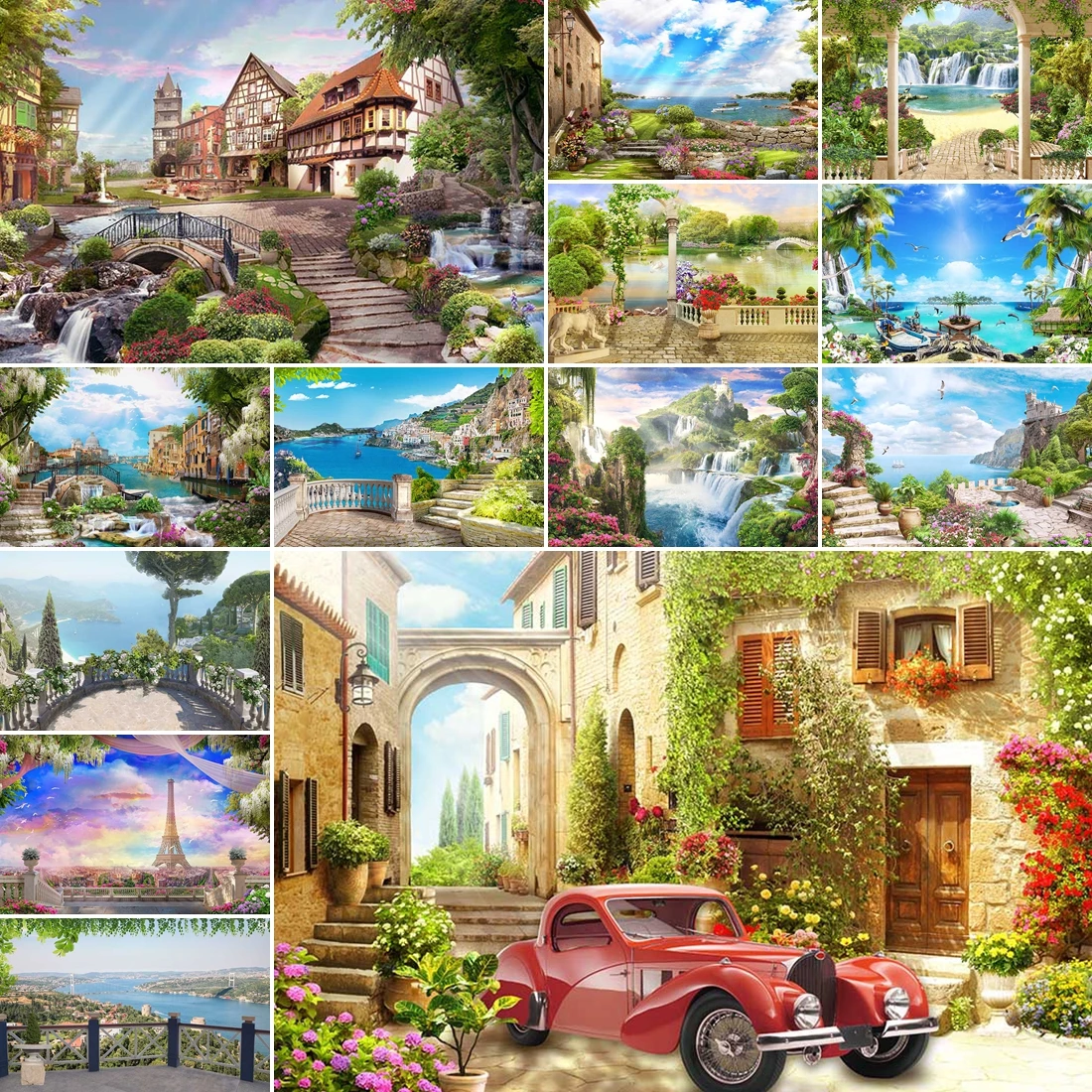 

MOON.QG Garden Parties Custom Backdrop Landmark Fountains Backgrounds For Decoration Child Baby Shower Party Decorations Wedding