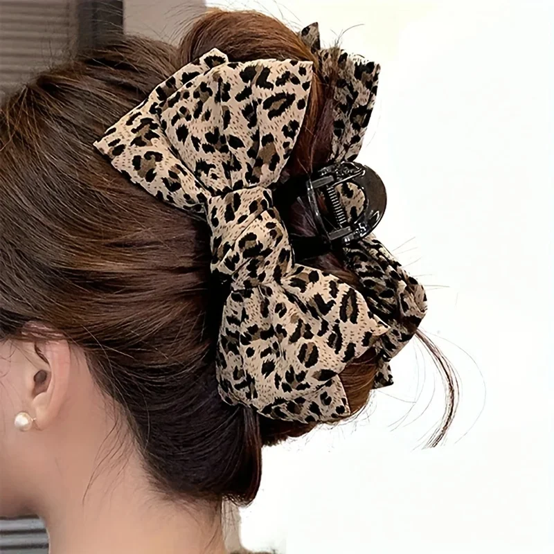 قطعة واحدة من مشبك شعر على شكل فيونكة كبيرة الحجم بطبعة الفهد للسيدات، إكسسوار شعر متعدد الاستخدامات