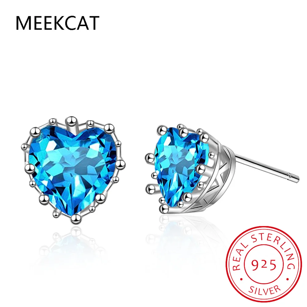 1.8ct Genuine Blue Topaz 925 Sterling Silver Heart Stud Earrings for Women Gemstone Fine Jewelry Wedding Gift