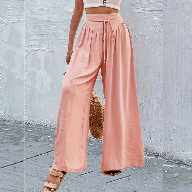 Women's Elegant Solid Color Elastic Waist Wide-Leg Pants with Belt Design, Loose Fit, Suitable for Casual and Comfortable Wear