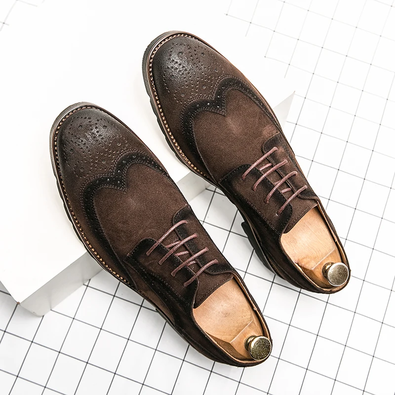 

Brown Men Dress Shoes Brogue Shoes Flock Round Toe Lace-up Office & Career Men Shoes Size 38-46