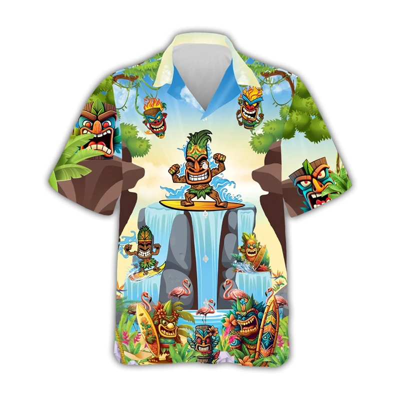 New 3d Tiki Print Hawaiian Shirts For Men Retro Men\'s Shirt Loose Casual Male Clothing 2024 New Mens Fashions Short Sleeve Shirt