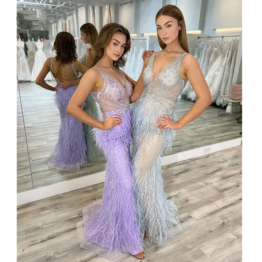 Beading Feathers Evening Dress Long Luxury Dubai Crystal Prom Gowns Arabic Women Elegant Sleeveless Wedding Formal Party