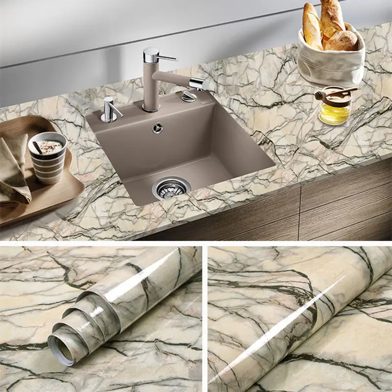Kitchen DIY Self-Adhesive Waterproof Oil-proof PVC Wall Stickers Cabinets Countertop Wallpaper Bathroom Desktop Renovation Films