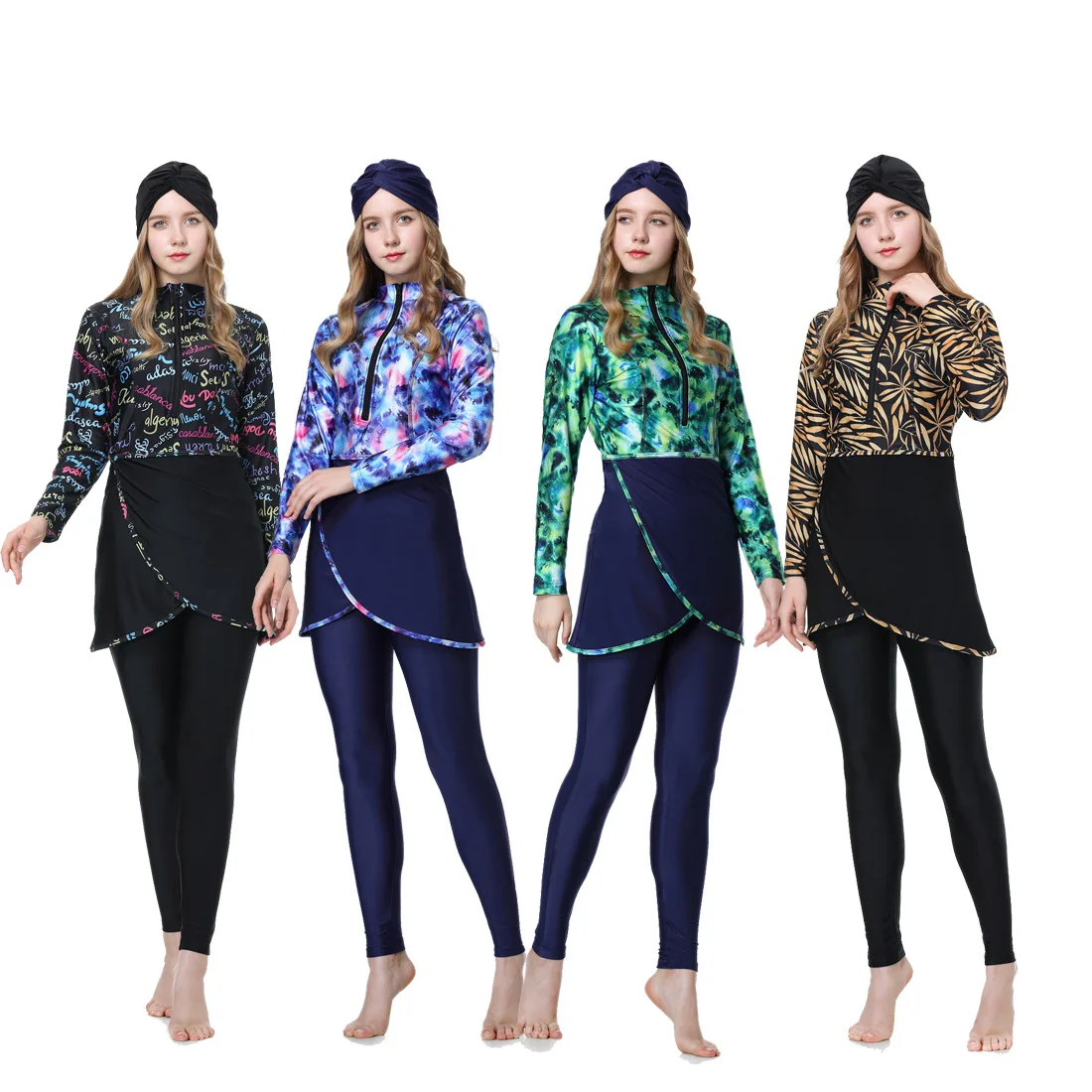 

Women Muslim Burkini Swimsuit Modest Swimwear Islamic Long Sleeve Full Cover Hijab Flower Dress Top Cap Swim Pants ​Bathing Suit