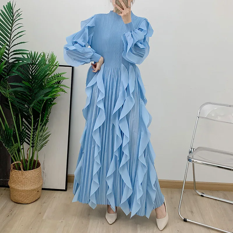 ANLAN Slim Pleated Dress For Women O-Neck Long Sleeves Ruffles Fashion Solid Maxi Evening Dresses Clothing 2024 Autumn New 2A109