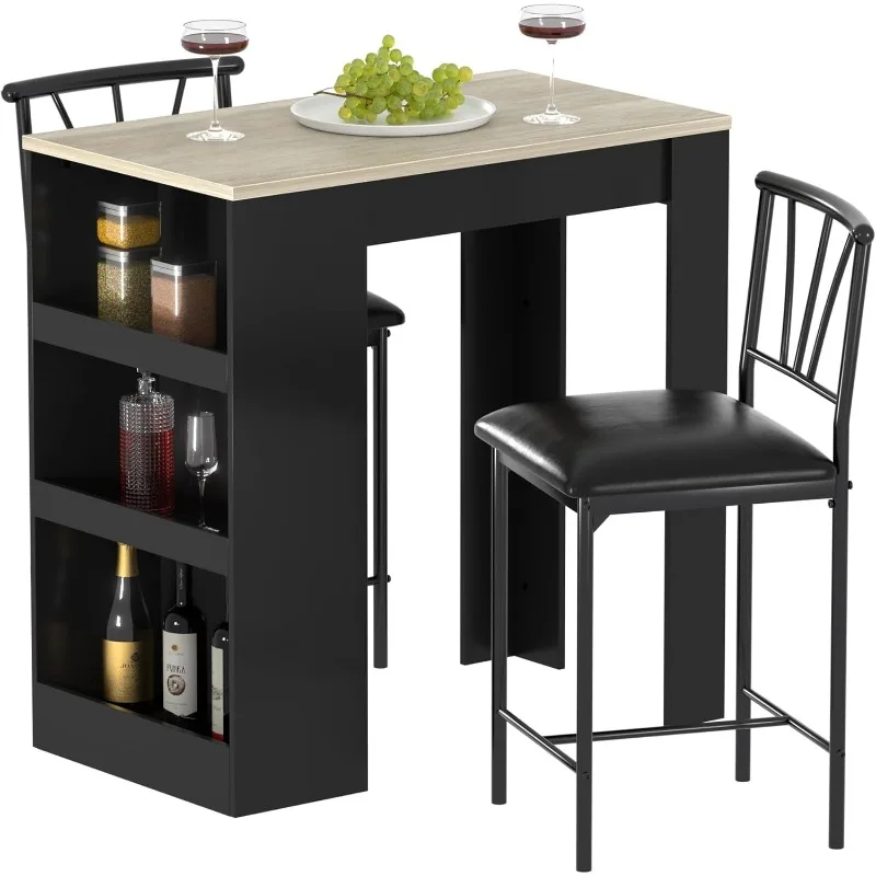 

Small Bar Table and Chairs Tall Kitchen Breakfast Nook with Stools/Dining Set for 2, Storage Shelves, Space-Saving,