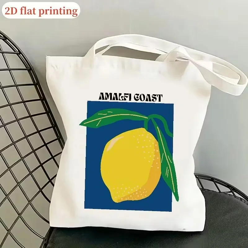 Citron Soleil Italian Summer Canvas Tote Bag Women Lemon Fruit Graphic Print Shopper Bag Mediterranean Style Beach Handbag