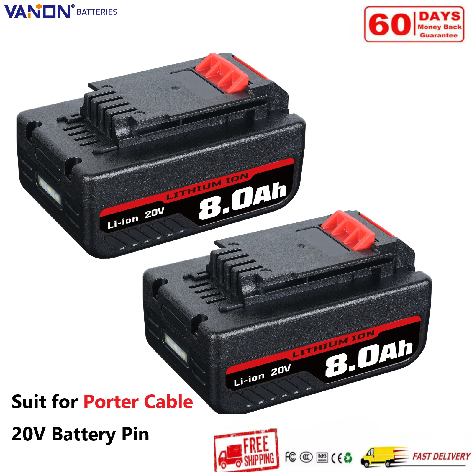 

VANON 2 шт. новый PCC685L 8,0 Ач 20 В замена кабеля Porter 20 В аккумулятор, совместимый с PCC680L PCC682L аккумулятор для электроинструмента Pin