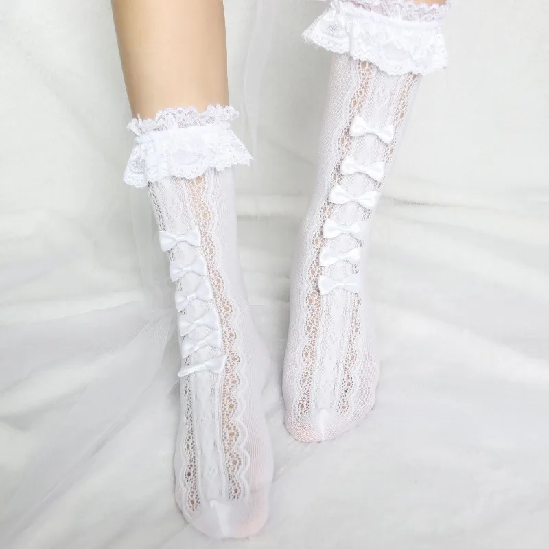 1 Pair of Bow Shaped Mid Length Stockings JK Girls Lace Stockings Lolita Princess Coa Long Length Bow Shaped Stockings