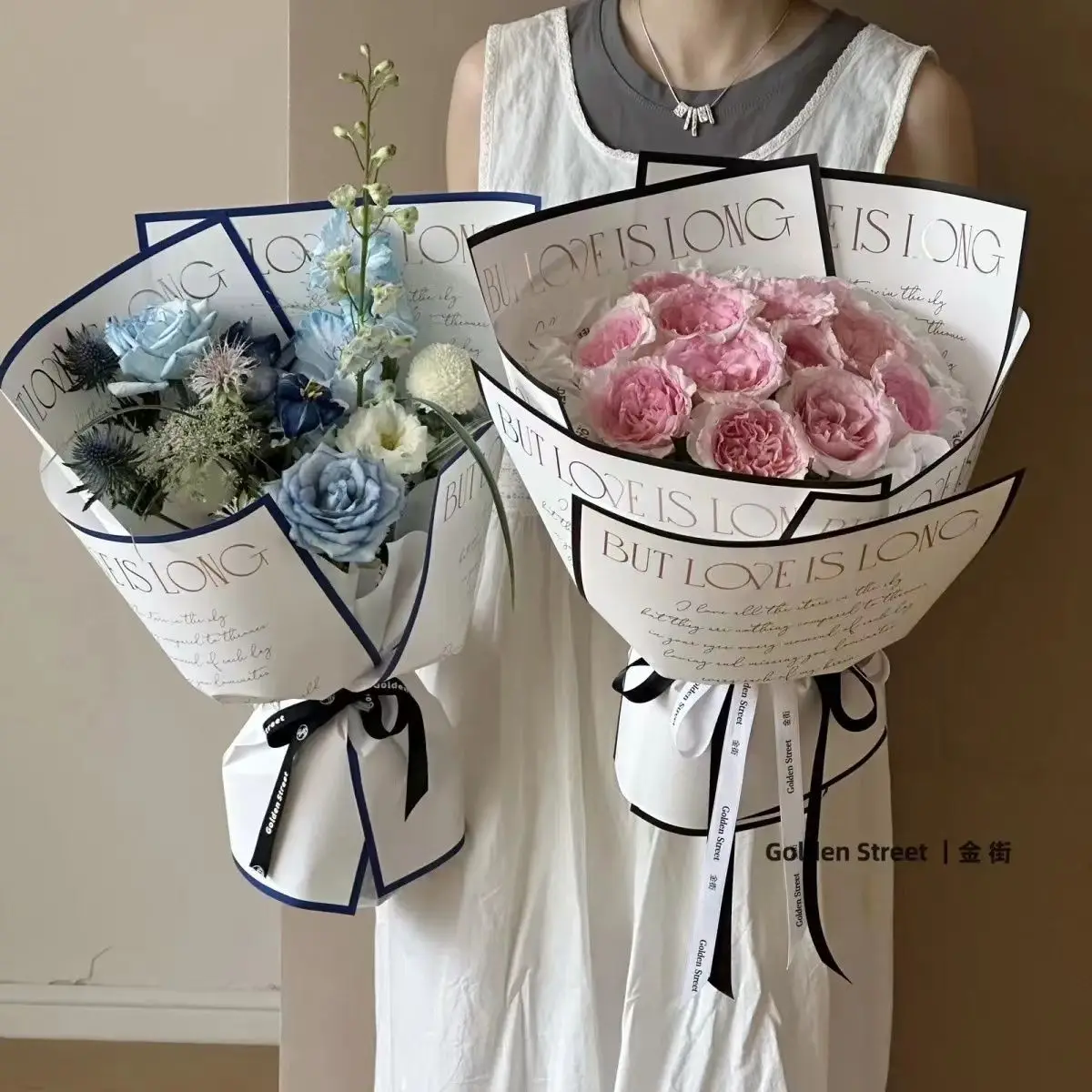 Valentine's Day Minimalist Noble Gold Foil Waterproof Beads Flower Bouquet English Wrapping Paper Materials 30x45CM 10pcs