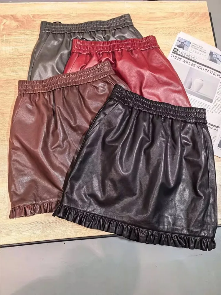 Sweet Women Slim Fit A Line Ruffles Wrap Skirt Elastic Waist Soft Sheepskin Genuine Leather Skirt Casual Streetwear Autumn Skirt