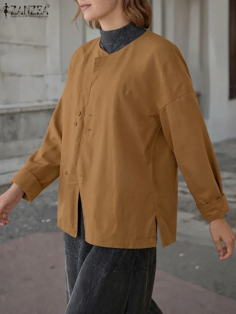 

ZANZEA винтажные женские куртки-кардиганы, повседневные свободные пальто в корейском стиле, осень 2021, модная однотонная тонкая верхняя одежда с длинными рукавами и пуговицами
