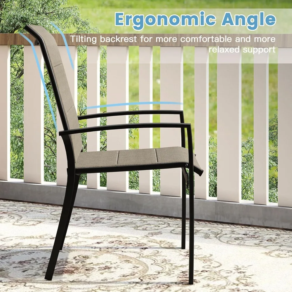 Juego de comedor para patio al aire libre de 11 piezas, 10 sillas de comedor de textileno acolchadas apilables marrones y 60 mesas de comedor redondas de metal de nogal