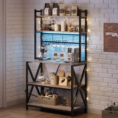 5-Tier Bakers Rack Coffee Bar with LED Lights & Power Outlet,Gray | 64 Inches Tall Microwave Oven Stand with Storage