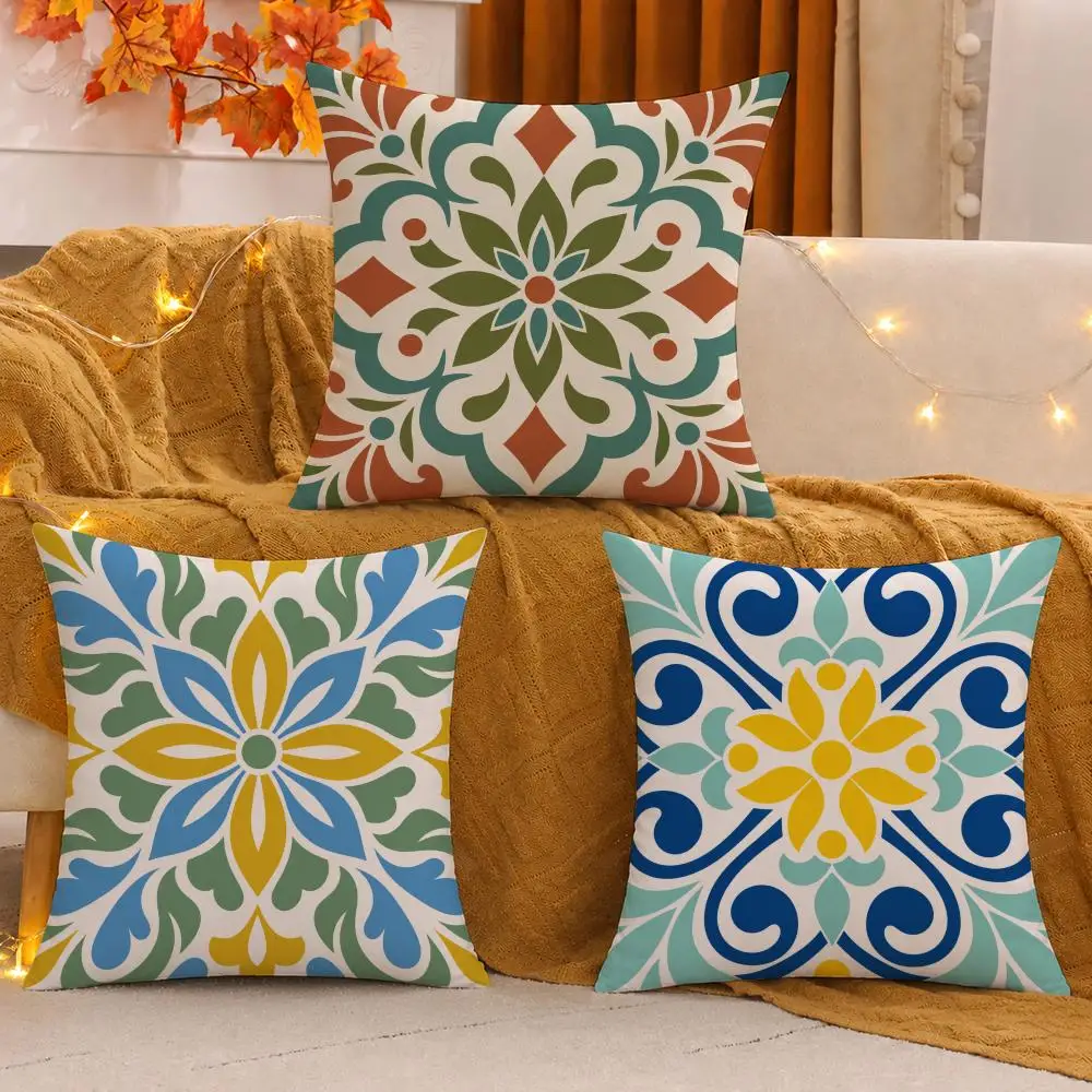 Mediterranean Floral Tile Cushion Cover Pillow Case plush Double-sided Print Square Covers Sofa Home Cushion