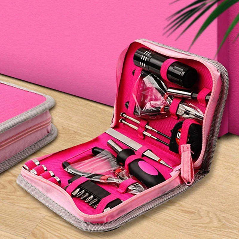 23Pcs Household Repair Tool Kit, Multifunctional Pink Home Hand Tool Set, Portable Women Repair Tool For DIY Home Repair