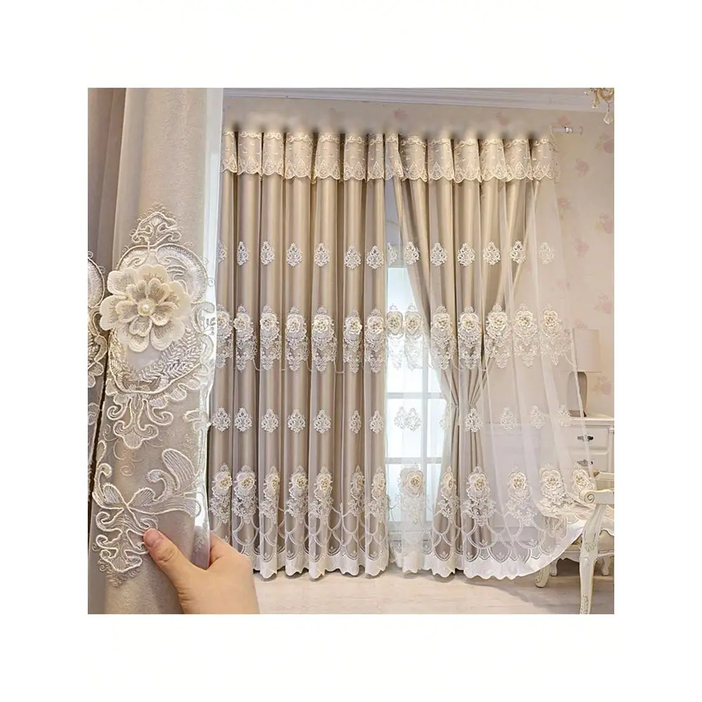 

European Style Double Layer Blackout Curtain With Luxury 3d Embroidered Flower Design For Living Room, Bedroom