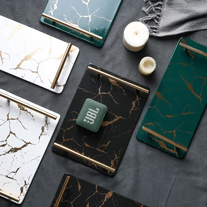 

Позолоченный мраморный лоток для хранения, домашний мультяшный керамический прямоугольный органайзер для оформления