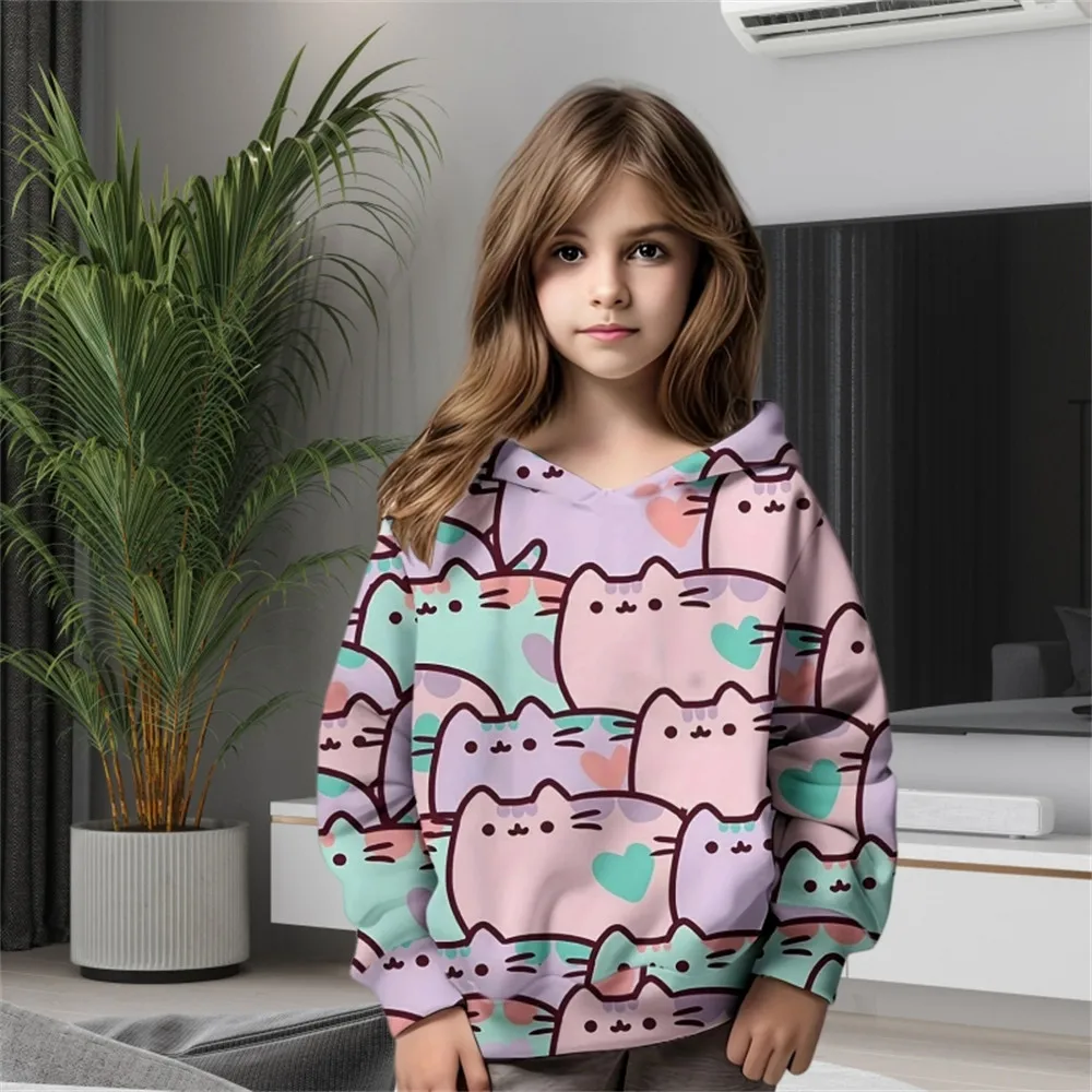 New Fashion Hoodie Cute Cat Printed Top Spring Autumn Clothes for Children Clothing Child Boy Girls 2024 Outdoor Kid Sweatshirts