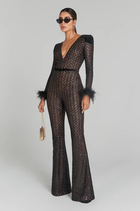 

Sexy Long Sleeve Sequined Feathers Bodycon Jumpsuit Pencil Skinny Rompers With Belt Celebrity Evening Runway Club Jumpsuit