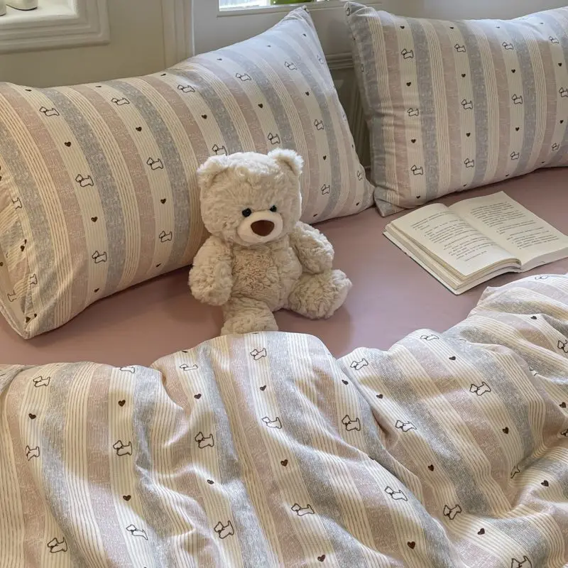 

Ins Bedding Set Stripes Dog Soft Wash Cotton Skin-Friendly Duvet Cover Flat/Fitted Sheets Set For Kids Adult Home Textiles