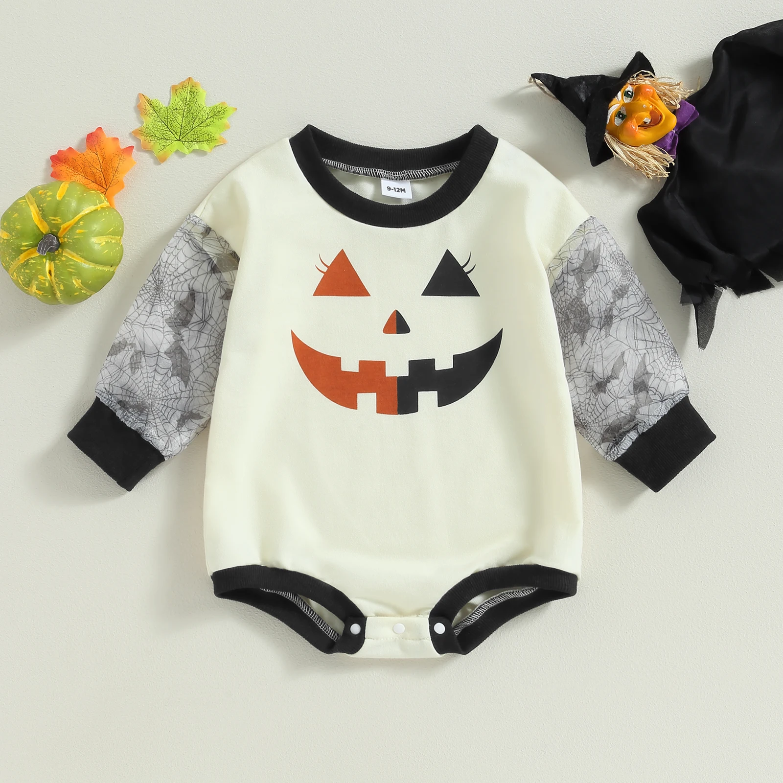 

Mildsown Baby Girls Halloween Romper Pumpkin Face Print Spider Web Long Sleeve Jumpsuits for Newborn Infant Toddler Cute Clothes