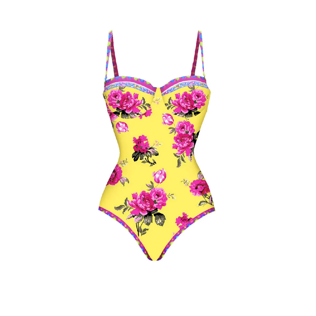 2025 Vibrant Yellow Floral One-Piece Swimsuit – Pink Peony Print Perfect for Beach & Resort Evening Parties Women's Swimsuit