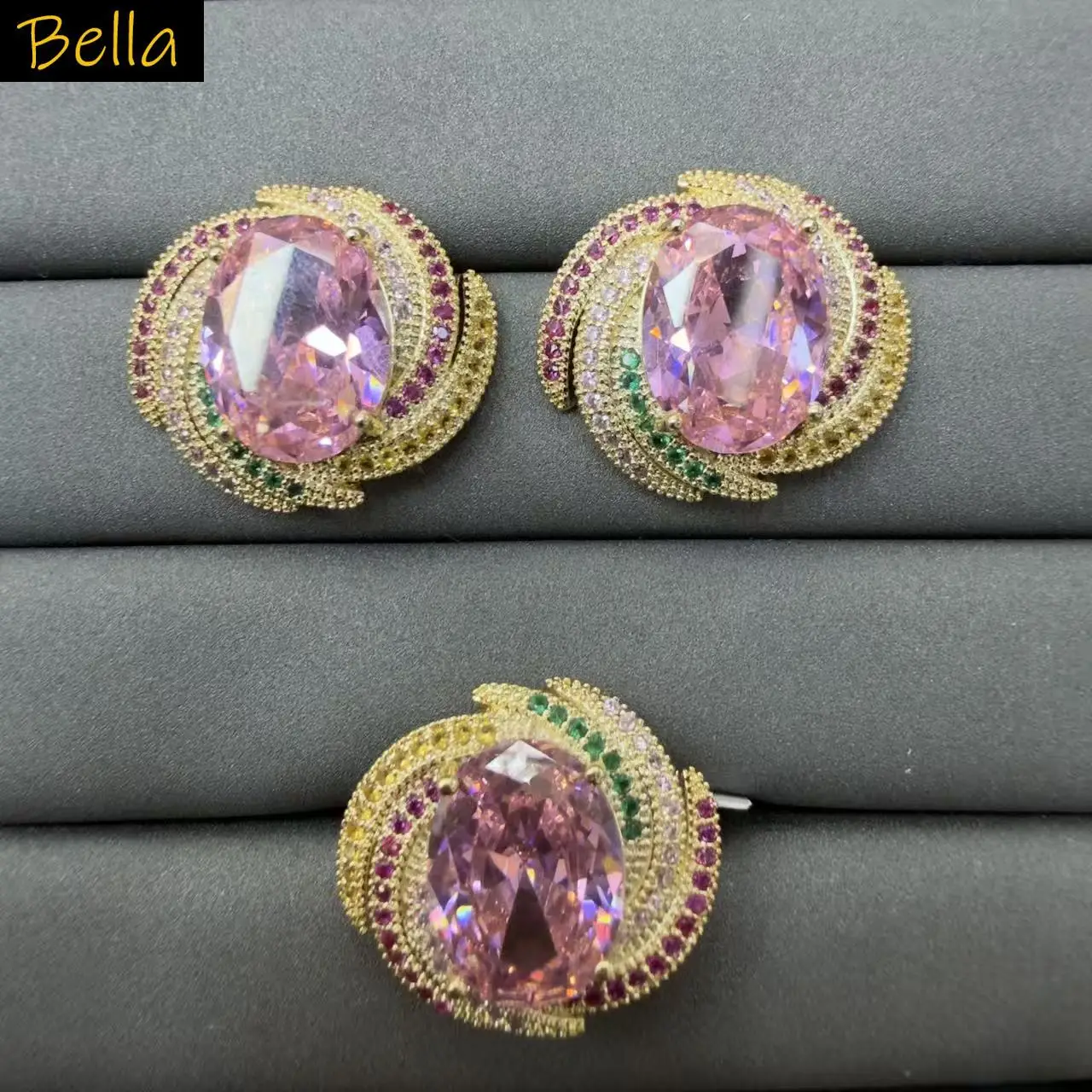 heavy-craft-spiral-cubic-zircon-earrings-and-ring-for-women-banquet-party-statement-jewelry-gold-plated-studs-ring-pink
