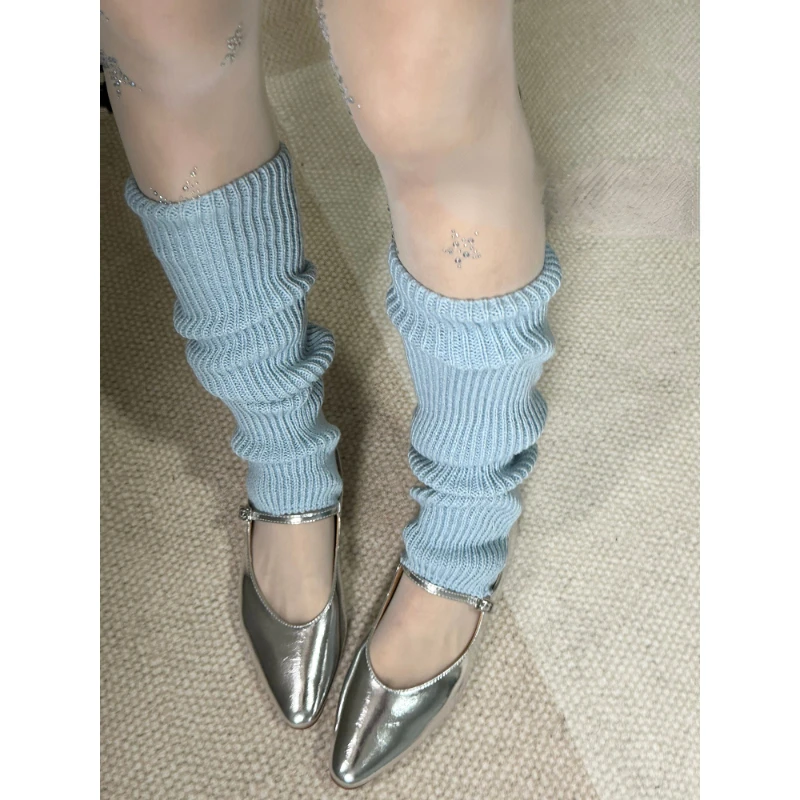 

Spring Pink Knitted Leg Warmers Girl Stirrup Socks Blue White All-Match Ballet Style Bunching Socks