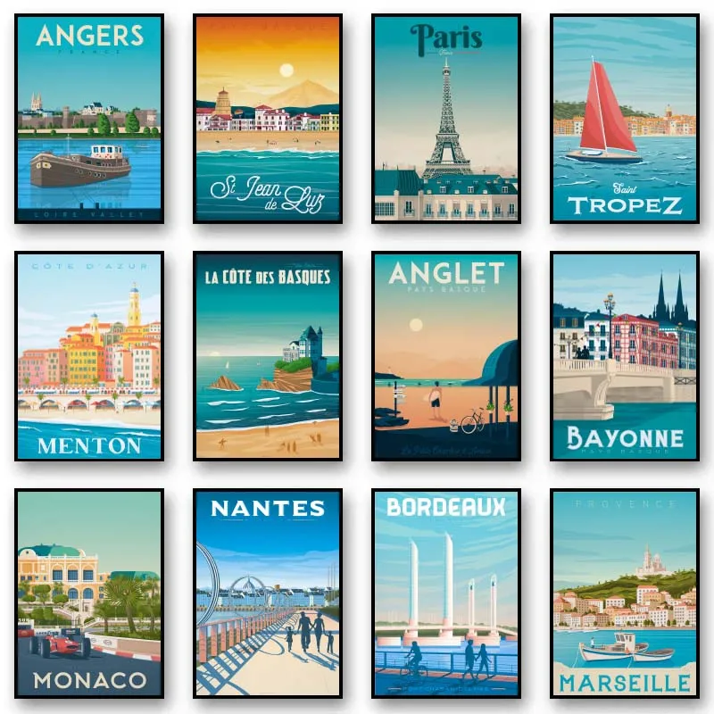 Colored Travel City Landscape Illustration Canvas Painting France Nice Paris Monaco Menton Poster Nordic Art Wall Decor Unfra