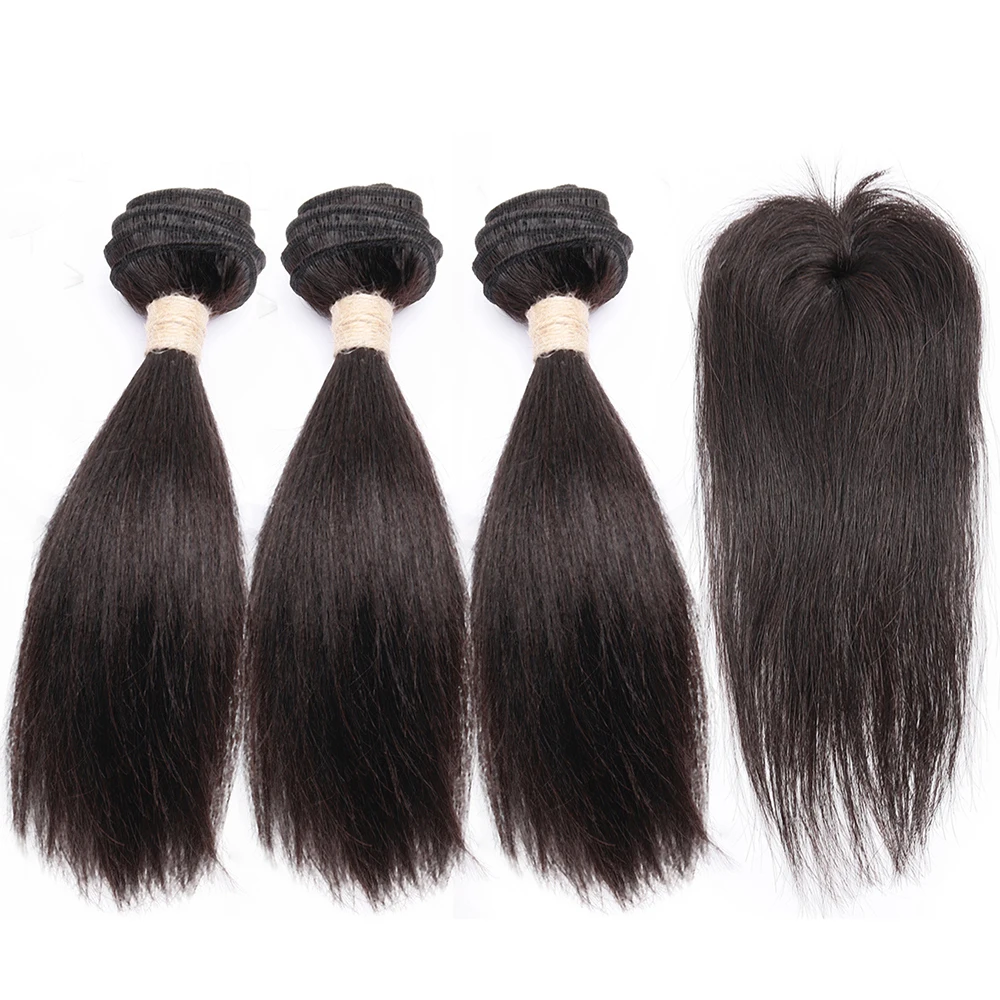 Rambut Manusia Lurus Brasil Dengan Closure 8-12 inci, Bundel Lurus Dengan Closure Bundar, 100% Rambut Manusia Remy
